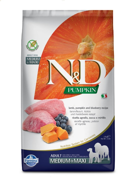 Farmina N&D Pumpkin Adult Medium&Max - Ração seca para cão adulto de porte médio e grande - Borrego, abóbora e mirtilos