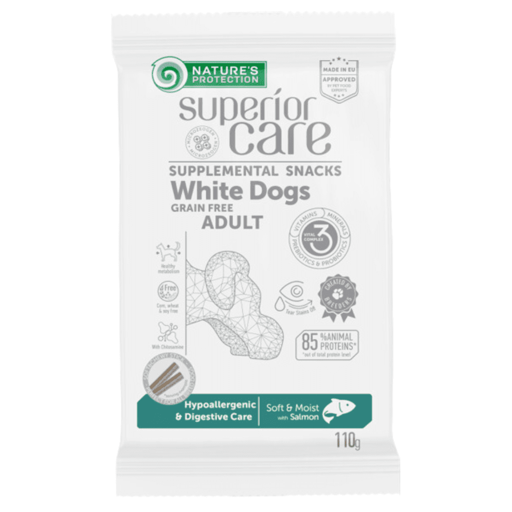 Nature’s Protection Superior Care White Coat - Snack para Cão com salmão para cães Hipoalergénicos e com problemas digestivos | 110 g