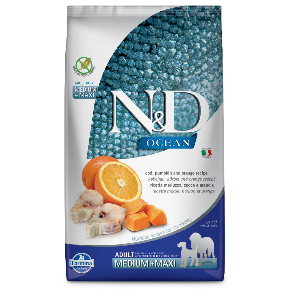 Farmina N&D Ocean Medium/Maxi - Ração seca para cão adulto médio e grande - Bacalhau, abóbora e laranja