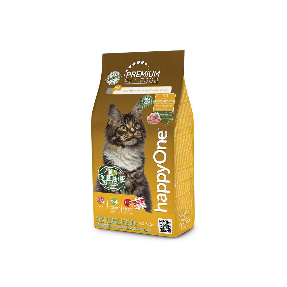 Alimento seco esterilizado para gatos happyOne Premium con carne fresca