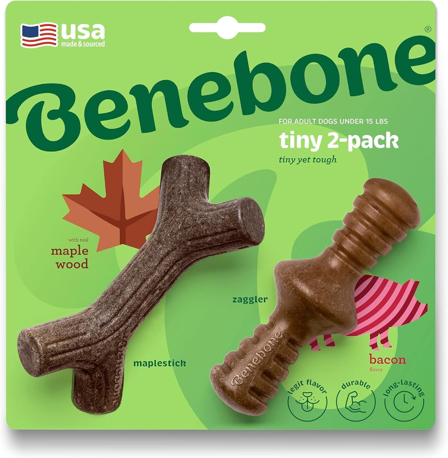 Benebone Tiny Maplestick & Zaggler – Brinquedos para Cães | Bacon e Madeira de Ácer