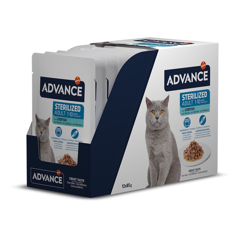 Advance Feline Sterilized com bacalhau comida húmida para gatos | Caixa 12 Saquetas 85 g - DOGGIE STORE