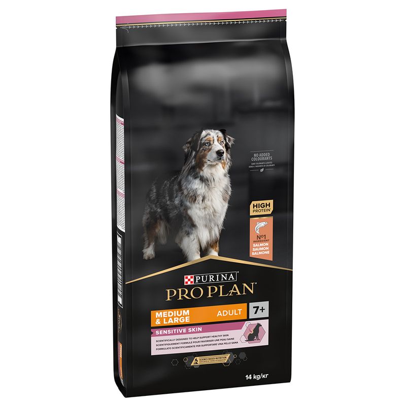 Pro Plan Dog OptiDerma Medium & Large Adult 7+ Sensitive Skin | 14 Kg - Ração seca para cão adulto de porte médio e grande 7+ com pele sensível - Salmão