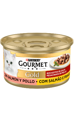 Gourmet Gold Pedacinhos em molho com Salmão & Frango | Wet (Lata) | 24 x 85 g