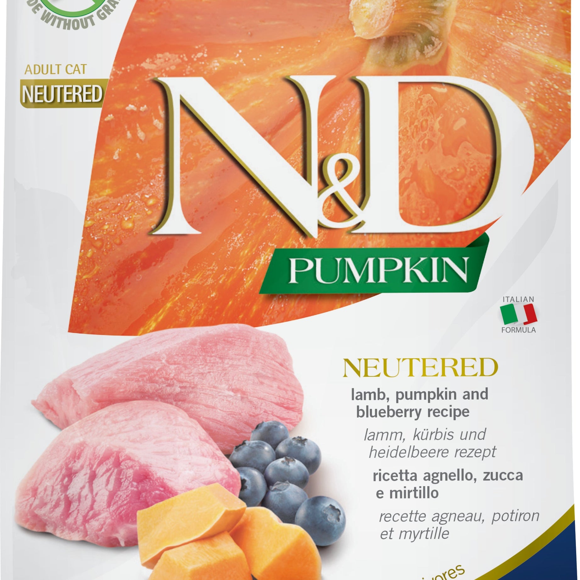 Farmina N&D Pumpkin Neutered Lamb,Pumpkin&Blueberry Adult Cat - Ração seca para gato adulto esterilizado - Borrego, abóbora e mirtilo