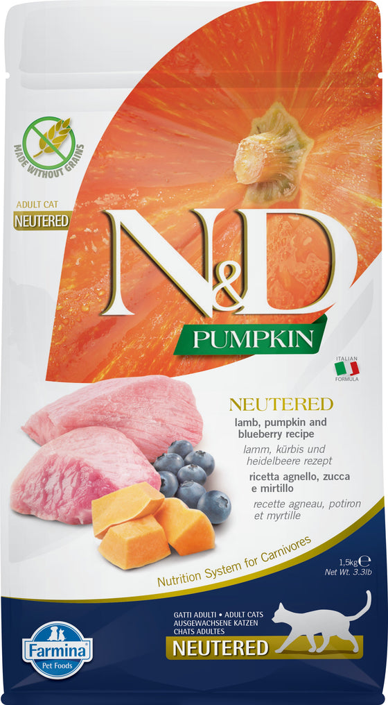 Farmina N&D Pumpkin Neutered Lamb,Pumpkin&Blueberry Adult Cat - Ração seca para gato adulto esterilizado - Borrego, abóbora e mirtilo