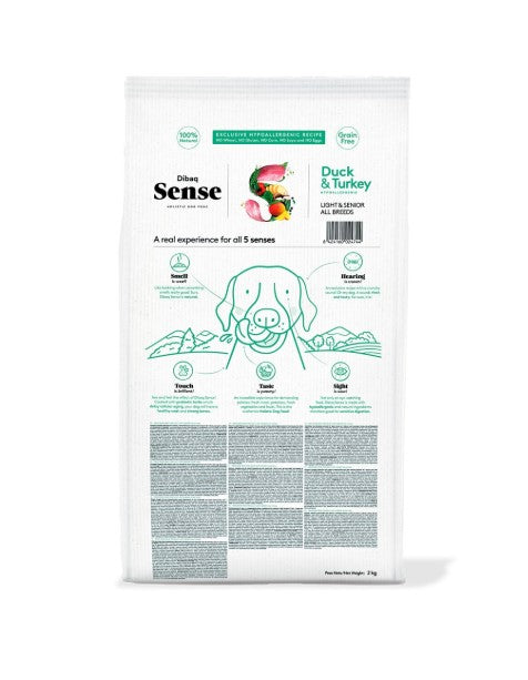 Dibaq Sense Grain Free Pato&Peru (Light & Senior) - Ração hipoalergénica para cães +7 anos e adultos com tendência à obesidade