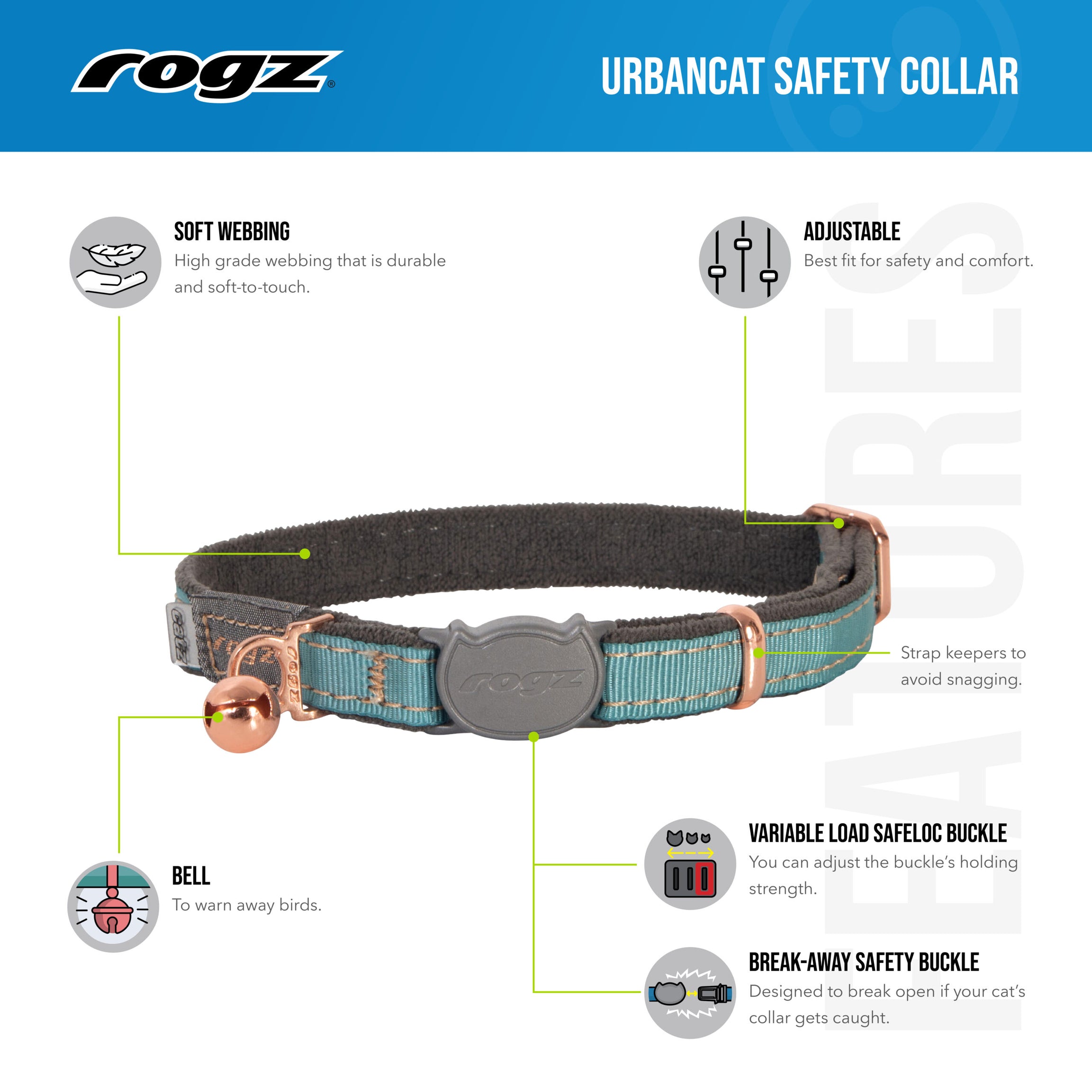 Rogz Coleira UrbanCat com Guizo - Turquesa Lunar