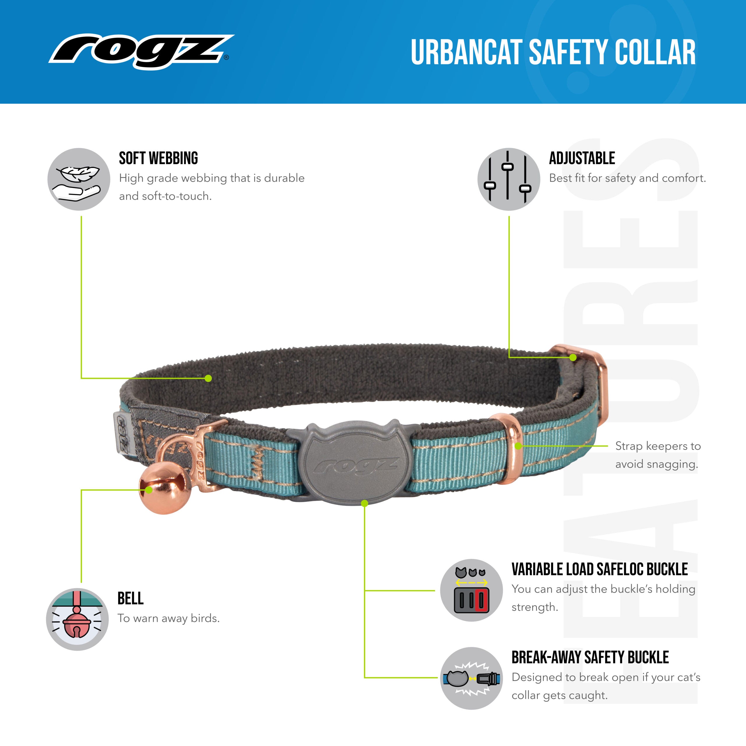 Rogz Coleira UrbanCat com Guizo - Turquesa Lunar