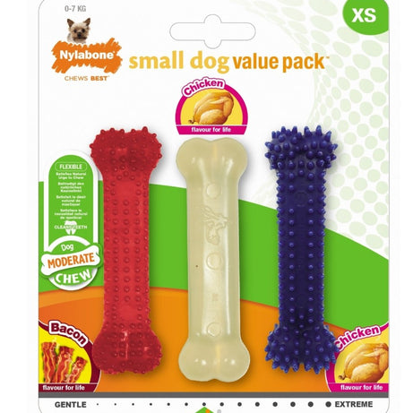 Nylabone Pack com 3 ossos mastigáveis para cães pequenos (XS) - Sabor Frango e bacon