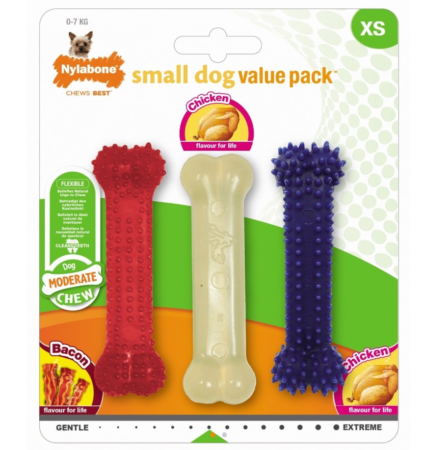 Nylabone Pack com 3 ossos mastigáveis para cães pequenos (XS) - Sabor Frango e bacon