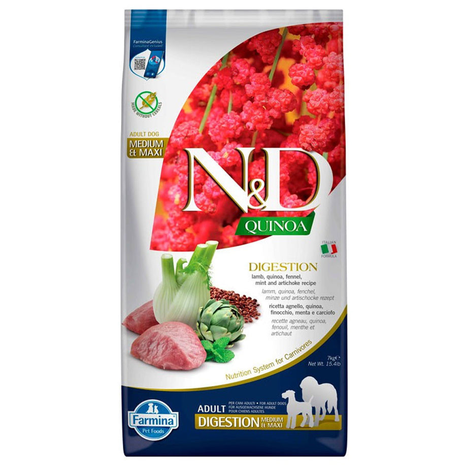 N&D Quinoa Digestion Lamb Adult Medium Maxi 7 Kg - Ração seca para cão adulto de porte médio e grande com sensibilidade digestiva - Borrego