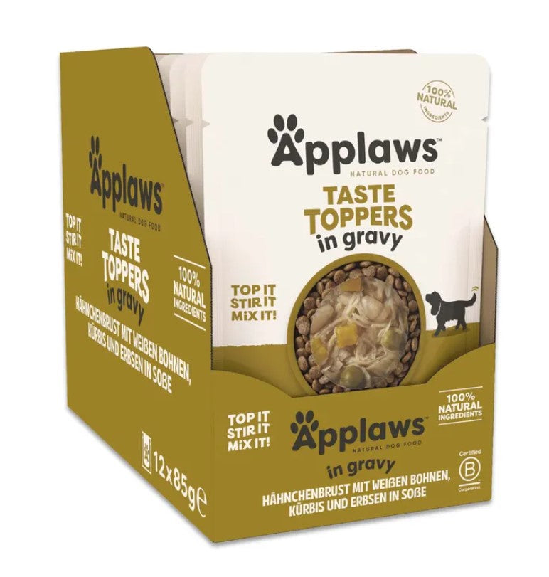 Applaws Taste Toppers em molho - Saqueta 85g  | Peito de frango com feijão branco, abóbora e ervilhas