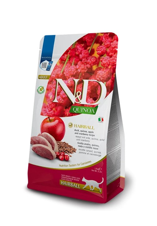 Farmina N&D Quinoa Hairball Cat Adult  – Ração seca para gato adulto para controlo e eliminação das bolas de pelo | Pato