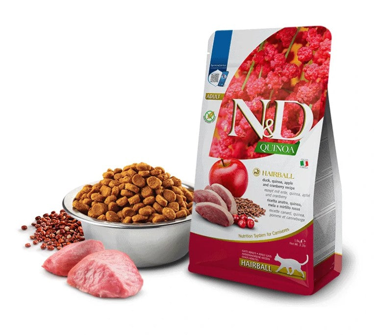 Farmina N&D Quinoa Hairball Cat Adult  – Ração seca para gato adulto para controlo e eliminação das bolas de pelo | Pato