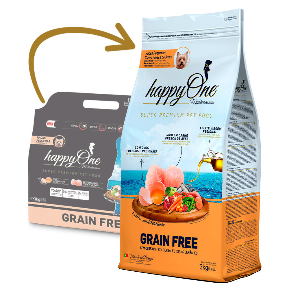 happyOne Mediterraneum Raças Pequenas - Ração seca sem cereais para cão adulto - Aves