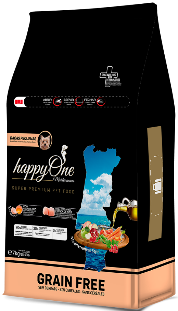 happyOne Mediterraneum Raças Pequenas - Ração seca sem cereais para cão adulto - Aves