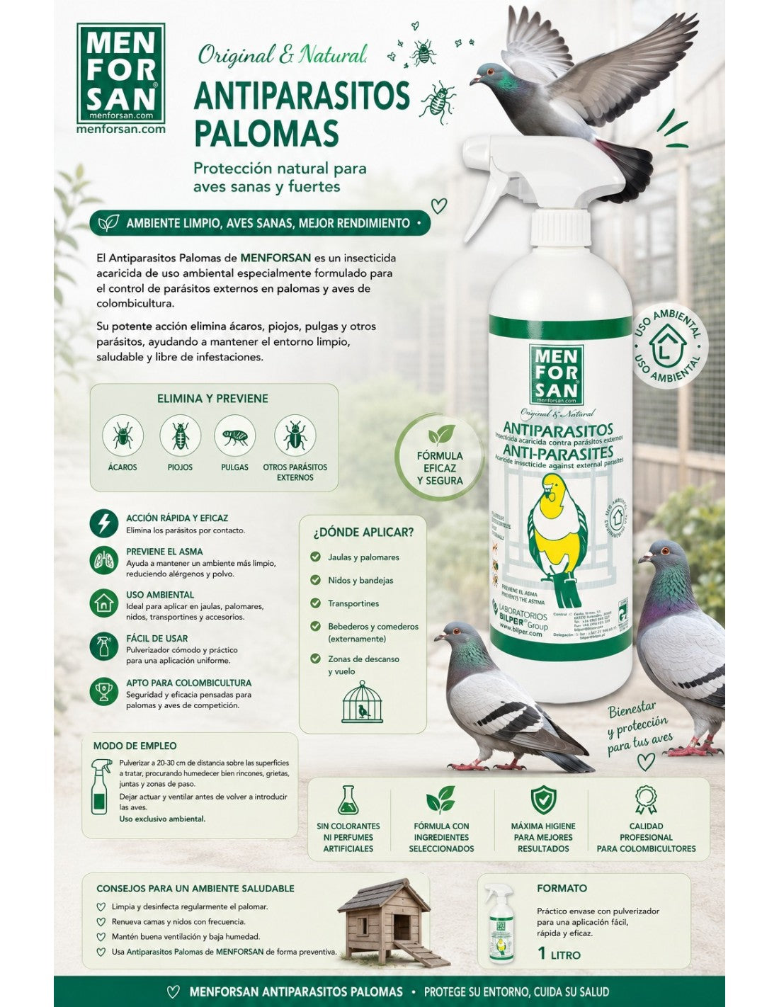 Men For San Spray Repelente Inseticida e Acaricida Perfumado para Proteção de Pombos | 750 ml