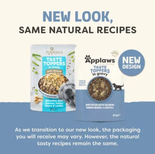 Applaws Taste Toppers in Gravy - 85g Pouch | Whitefish with Salmon, Green Beans and Lentils