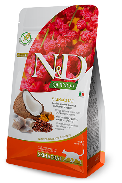Farmina N&D Quinoa Skin & Coat Cat Adult – Ração seca para gato adulto com problemas de pele e pelagem | Arenque