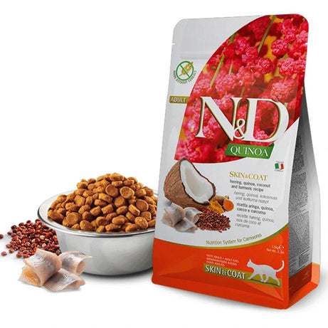 Farmina N&D Quinoa Skin & Coat Cat Adult – Ração seca para gato adulto com problemas de pele e pelagem | Arenque