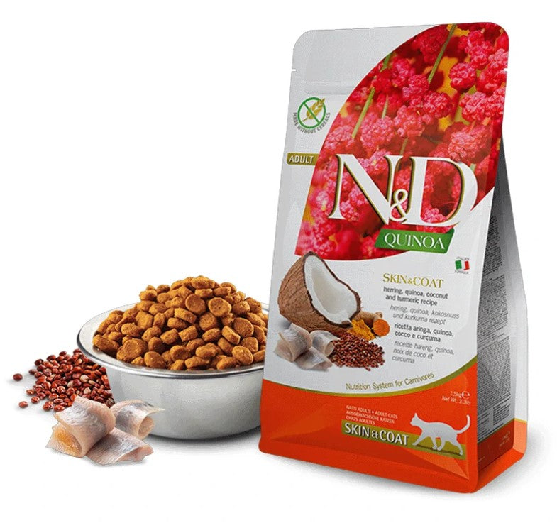 Farmina N&D Quinoa Skin & Coat Cat Adult – Ração seca para gato adulto com problemas de pele e pelagem | Arenque
