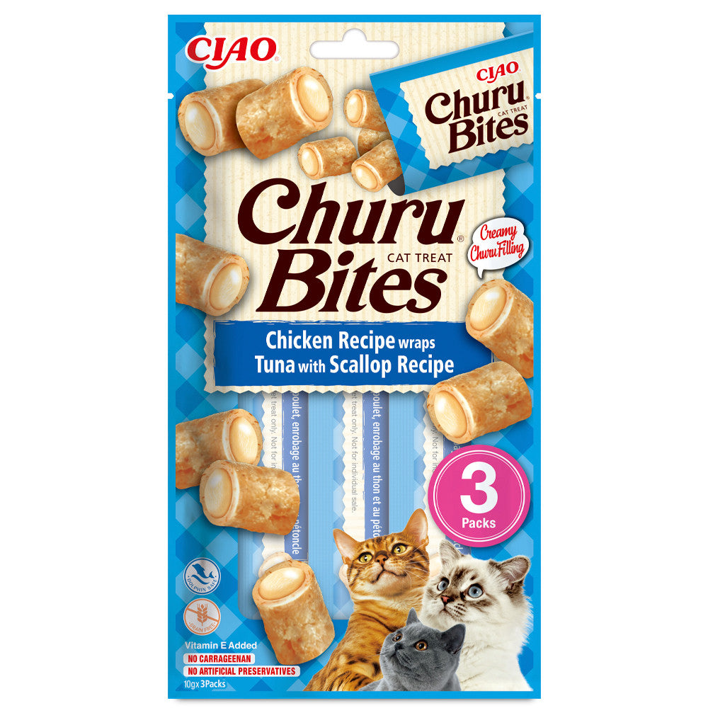Snacks de frango com atum e vieiras para gatos - Churu Bites