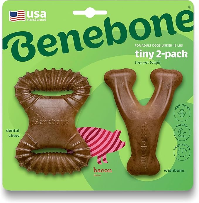 Benebone Tiny Pack de 2 – Brinquedos de Mastigação para Cães | Sabor Bacon