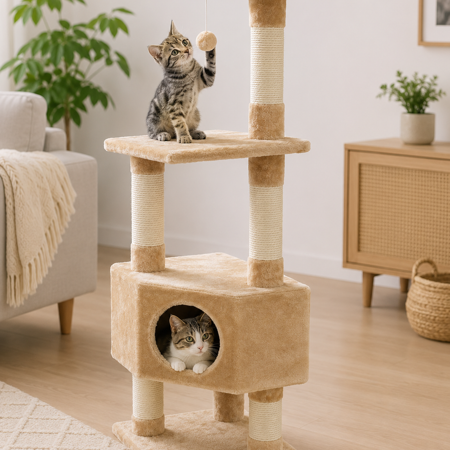 Torre para Gatos Classic ECO Loonaa – Arranhador com Casota, Plataformas e Brinquedo – 44 x 44 x 135 cm
