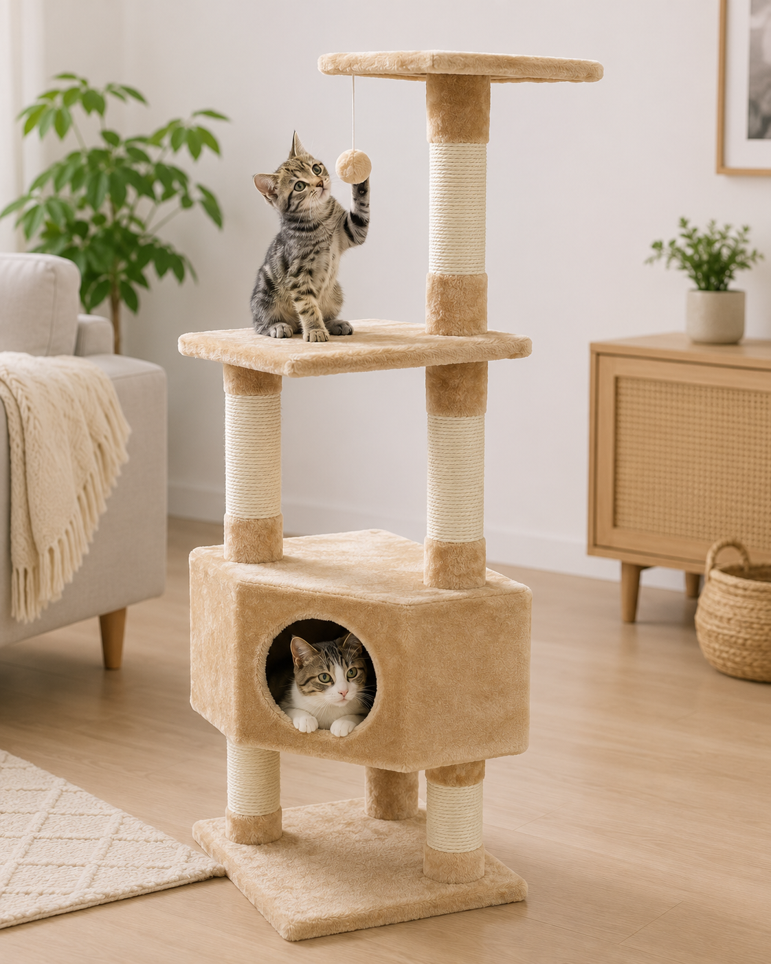 Torre para Gatos Classic ECO Loonaa – Arranhador com Casota, Plataformas e Brinquedo – 44 x 44 x 135 cm